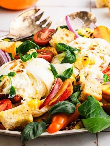A plate full of Peach Panzanella Salad.