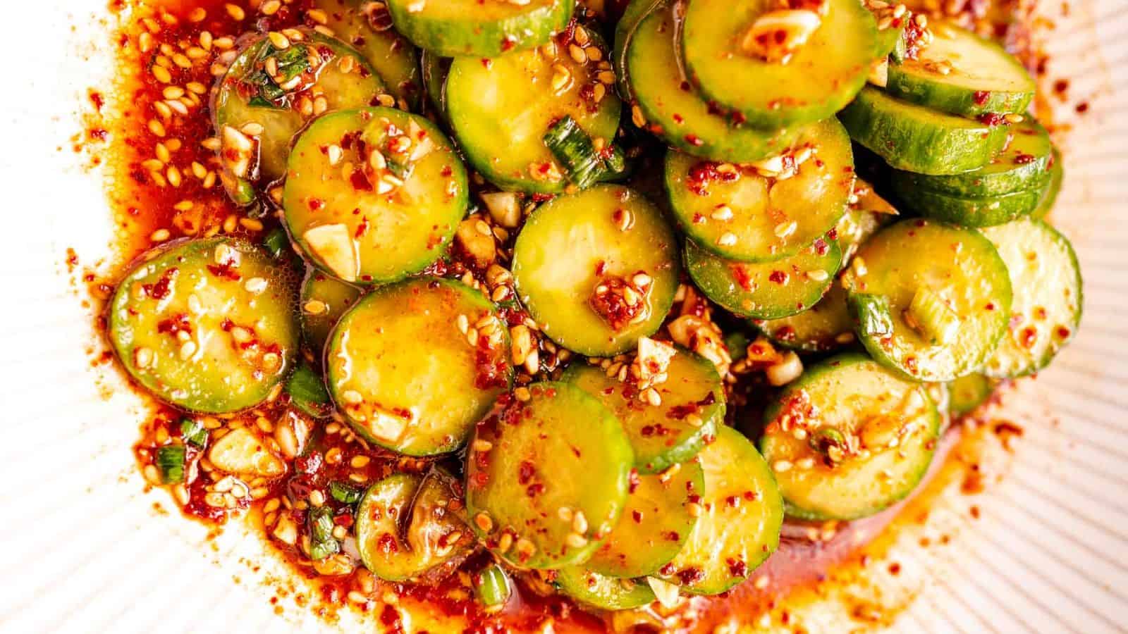 A close-up image of Spicy Korean Cucumber Salad.