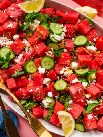 An overview of a plate of Watermelon Feta Cucumber Salad.