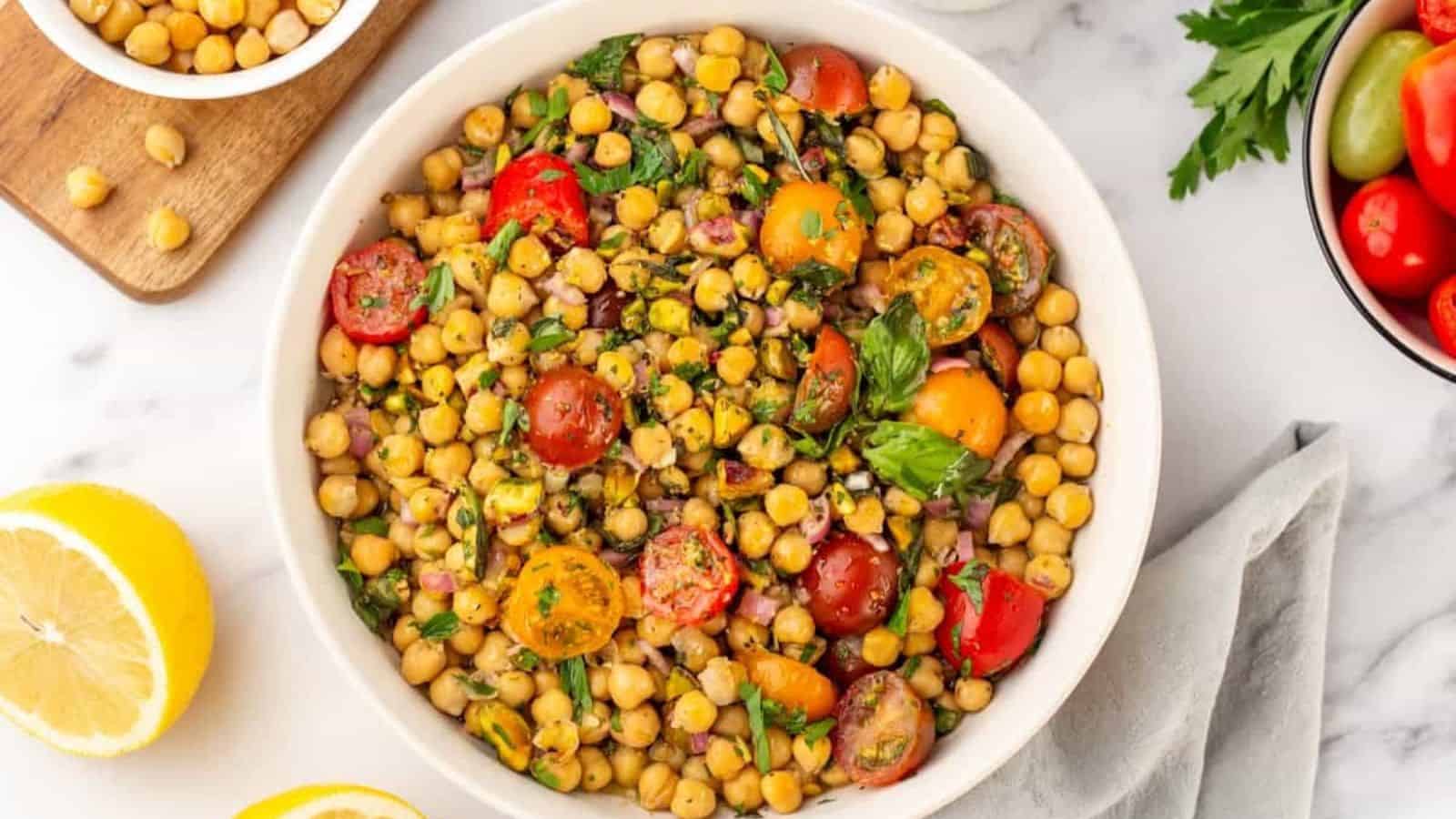 Overhead image of chickpea salad in a bowl.
