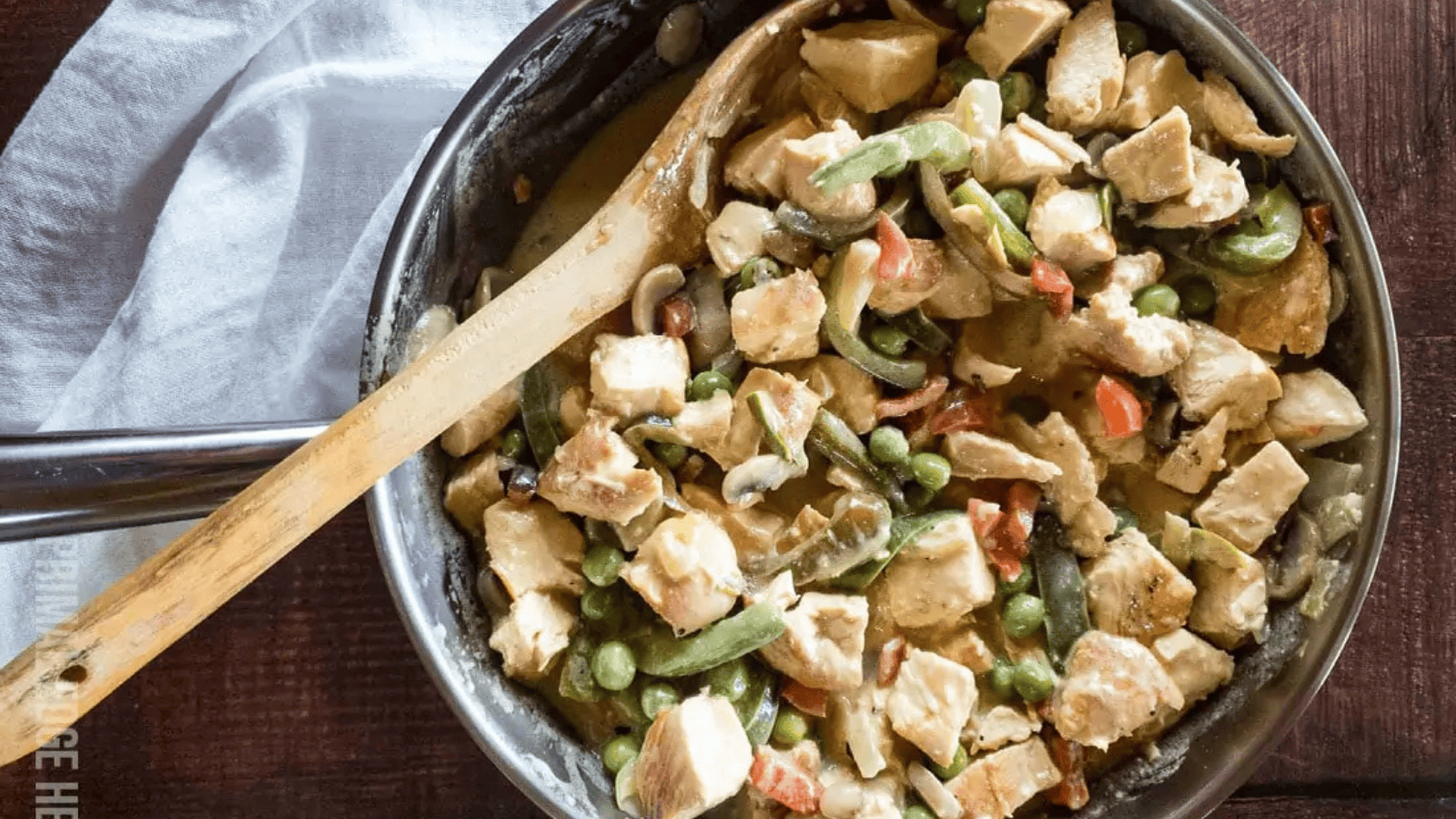 Chicken green beans mushrooms with biscuit.