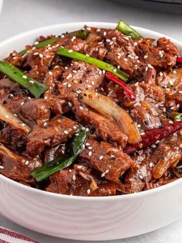 A bowl of Mongolian Beef with a spoon.
