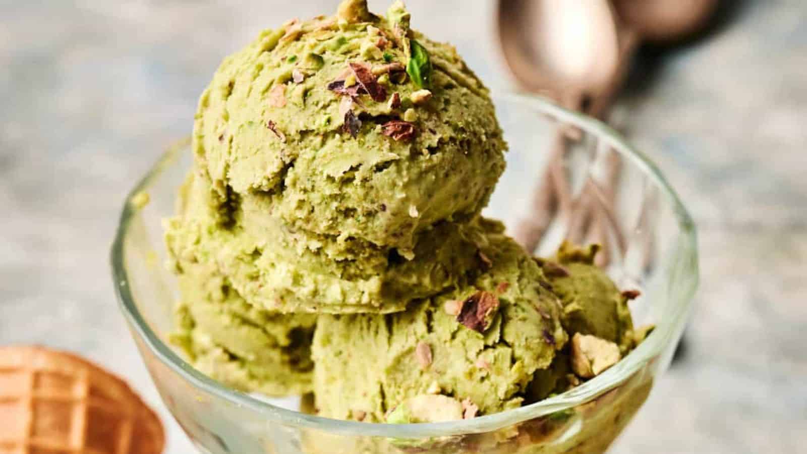 A close-up view of Pistachio Ice Cream on a glass bowl.