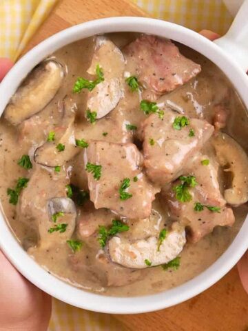 A person holds a bowl of creamy beef stroganoff garnished with parsley.