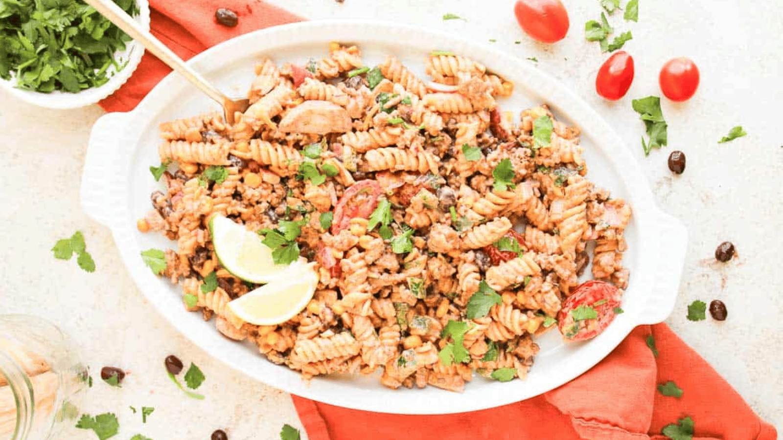 An overhead image of taco pasta salad.