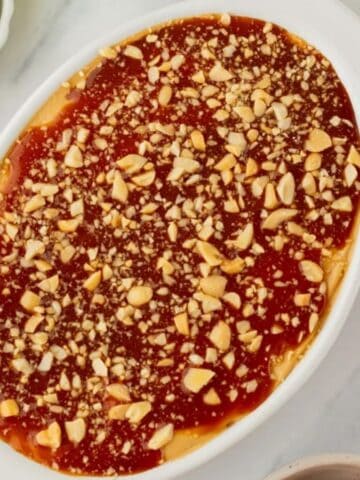 An overhead image of caramel apple dip in a serving dish.