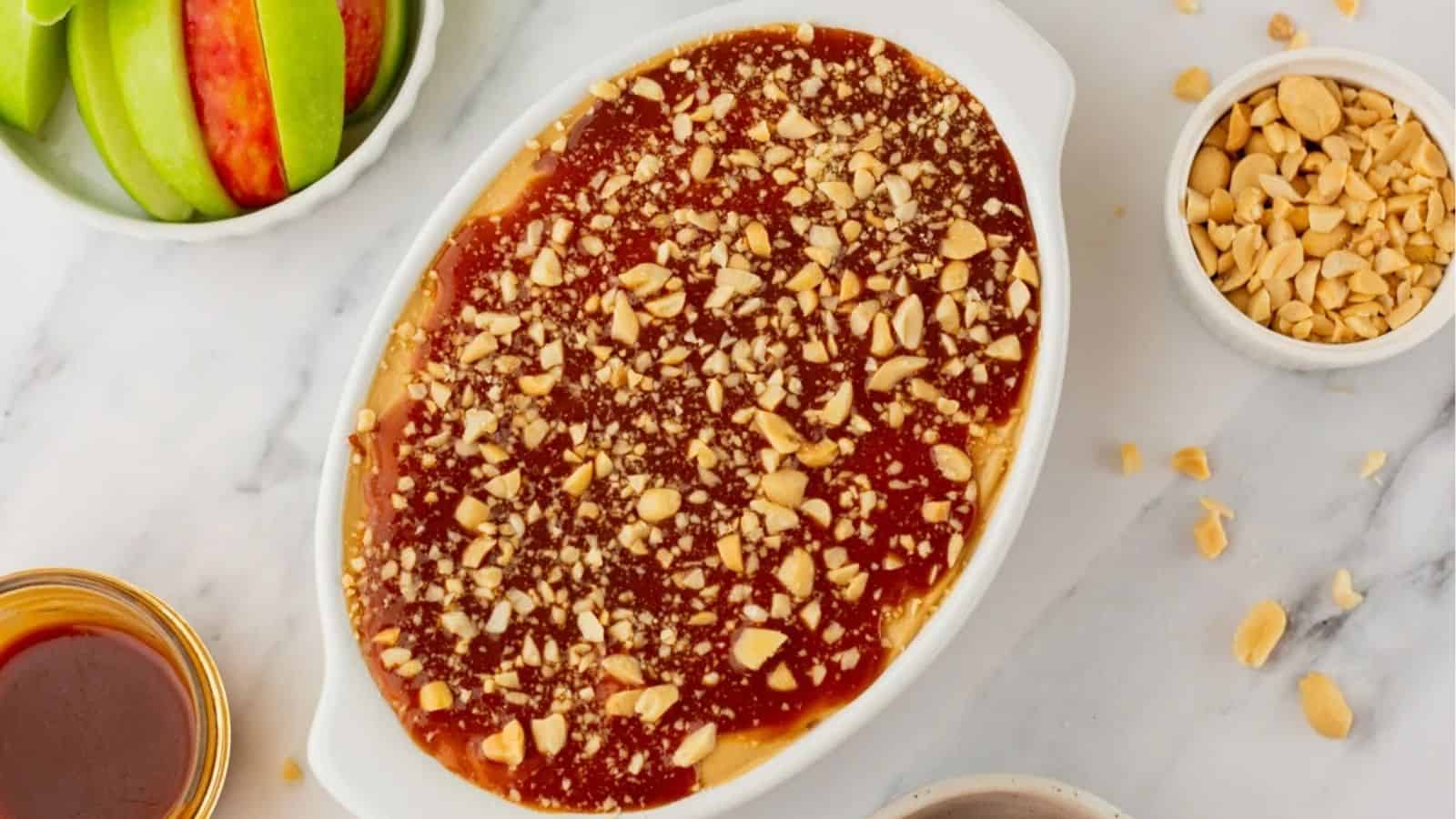 An overhead image of caramel apple dip in a serving dish.