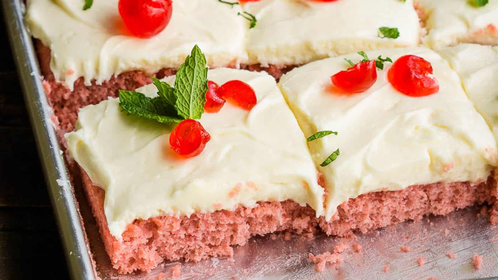 A tray of Cherry Texas Sheet Cake slices.