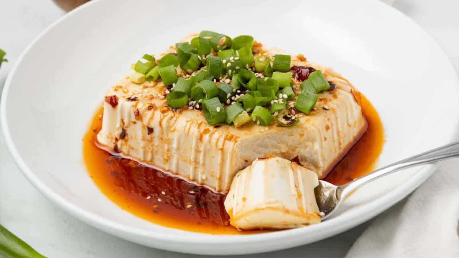 A close up image of chili garlic silken tofu.