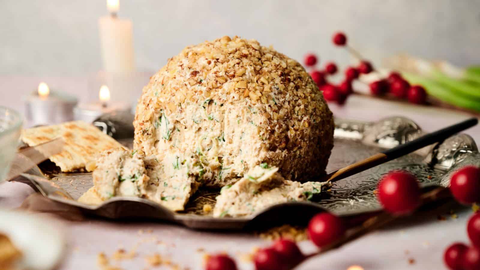 An image of a Classic Cheese Ball on a tray.