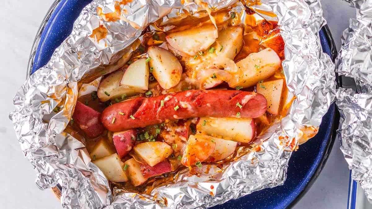 Top view of an opened Hot Dog and Potato Foil Pack.