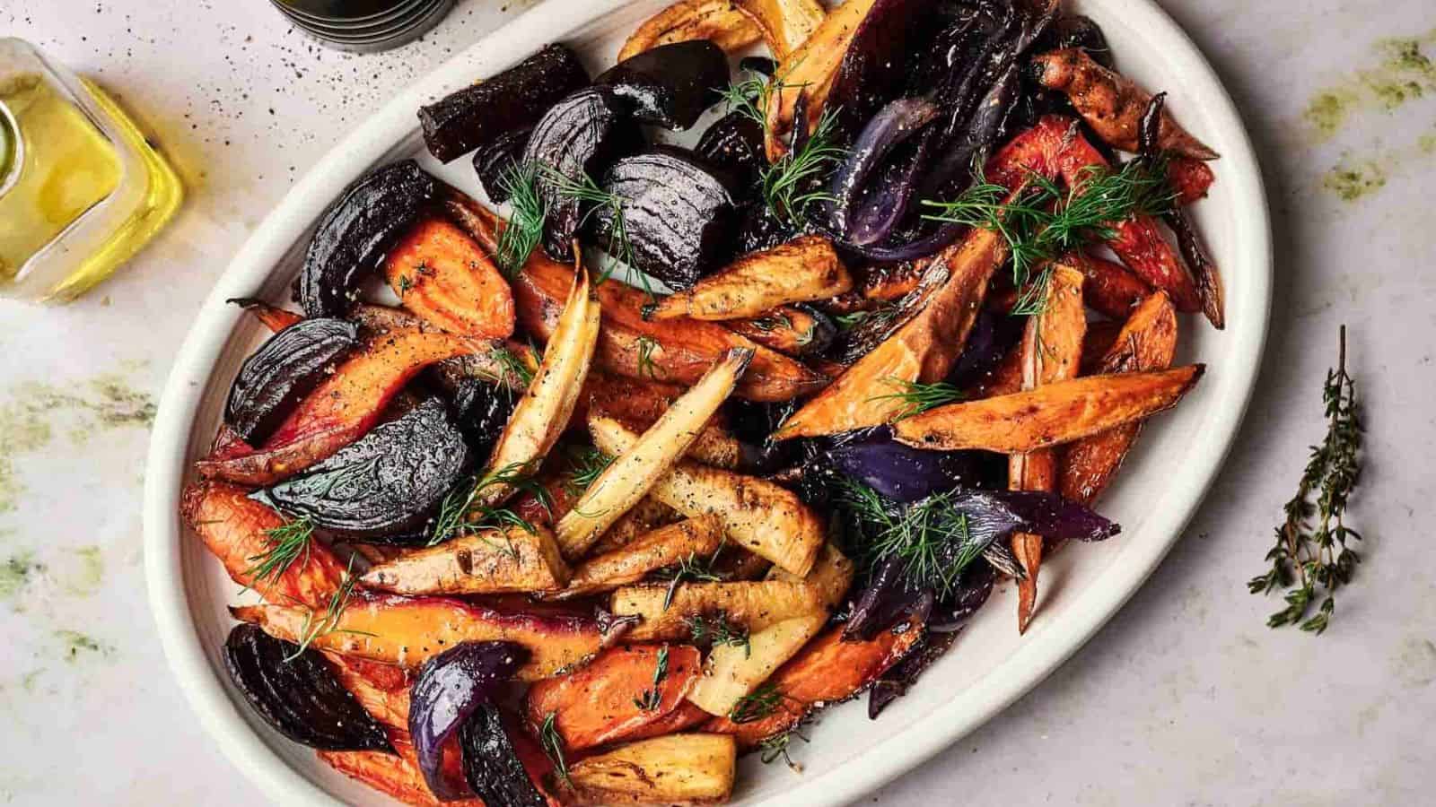 Top view of a plate full of Roasted Root Vegetables.