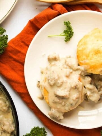 A plate of Sausage Gravy and Biscuits.