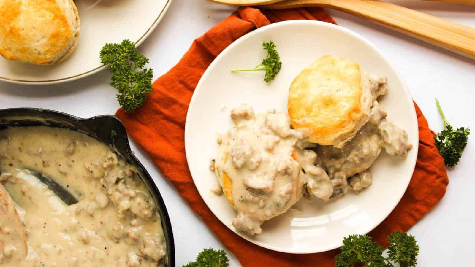 A plate of Sausage Gravy and Biscuits.