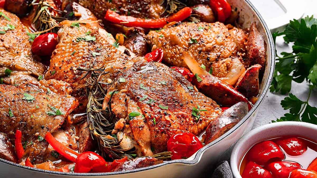 A close-up view of Chicken Scarpariello.