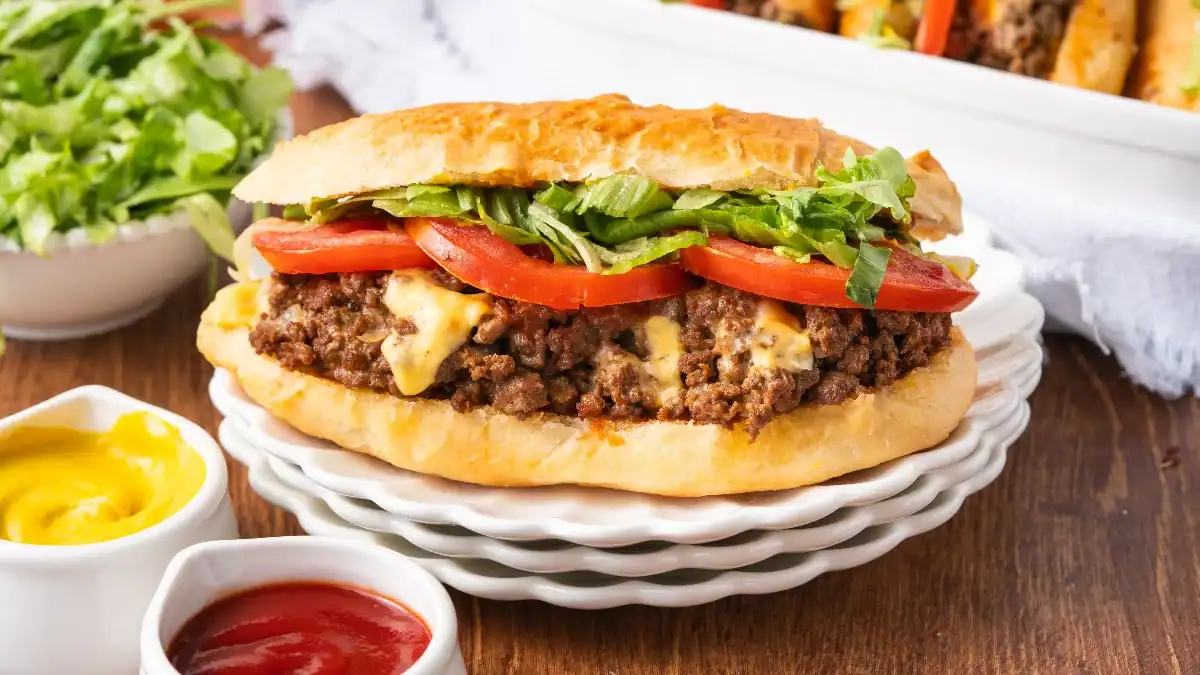 One Chopped Cheese Sandwich on a stack of three plates.