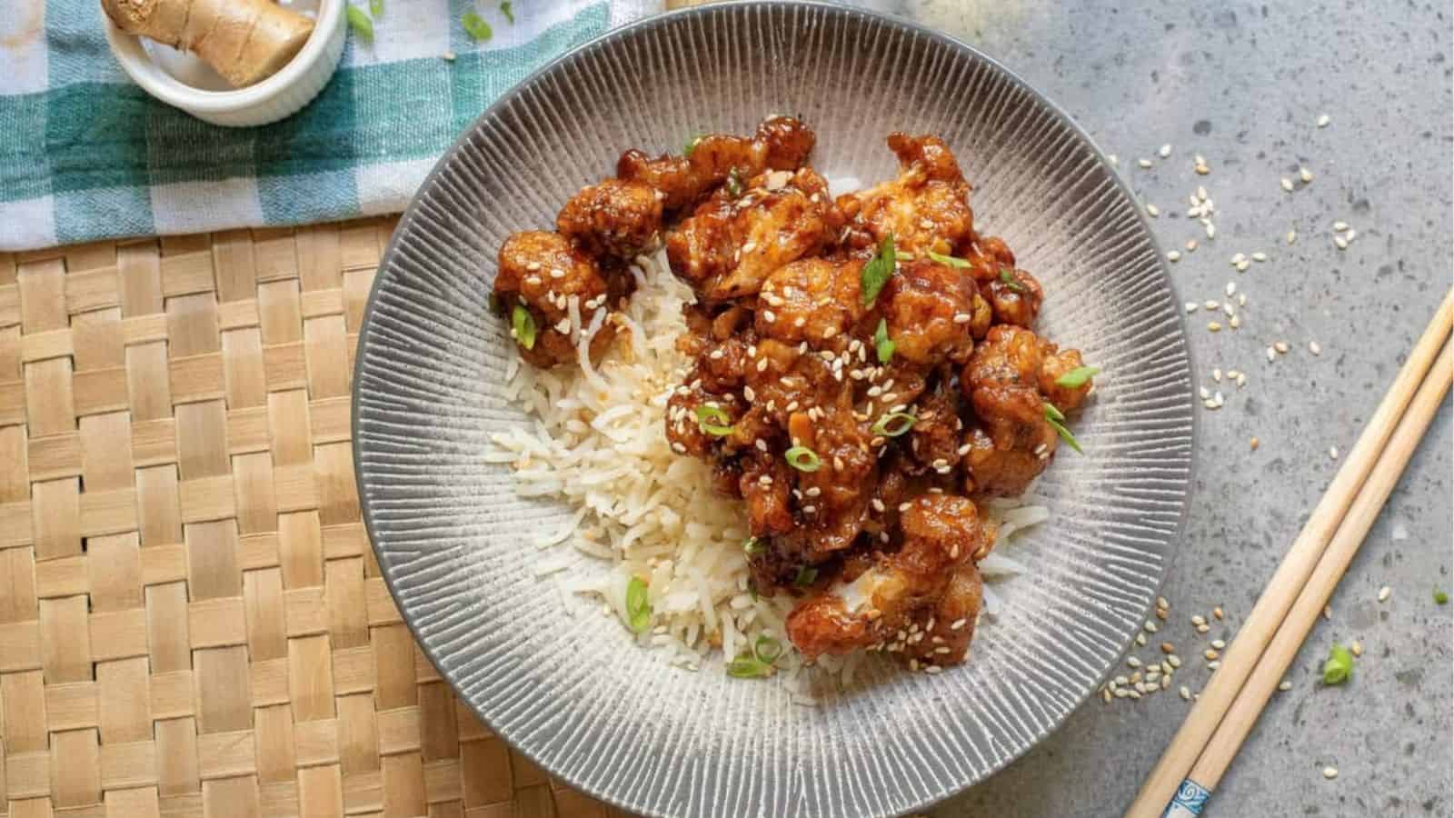 An overhead image of gobi manchurian over rice.