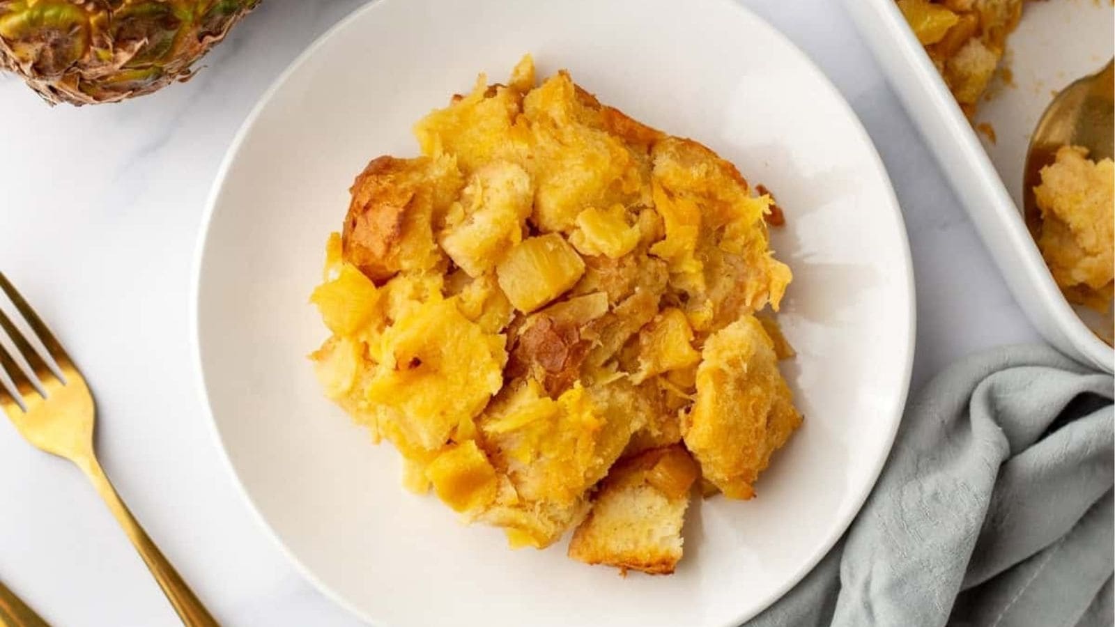 An overhead image of pineapple stuffing on a serving plate.