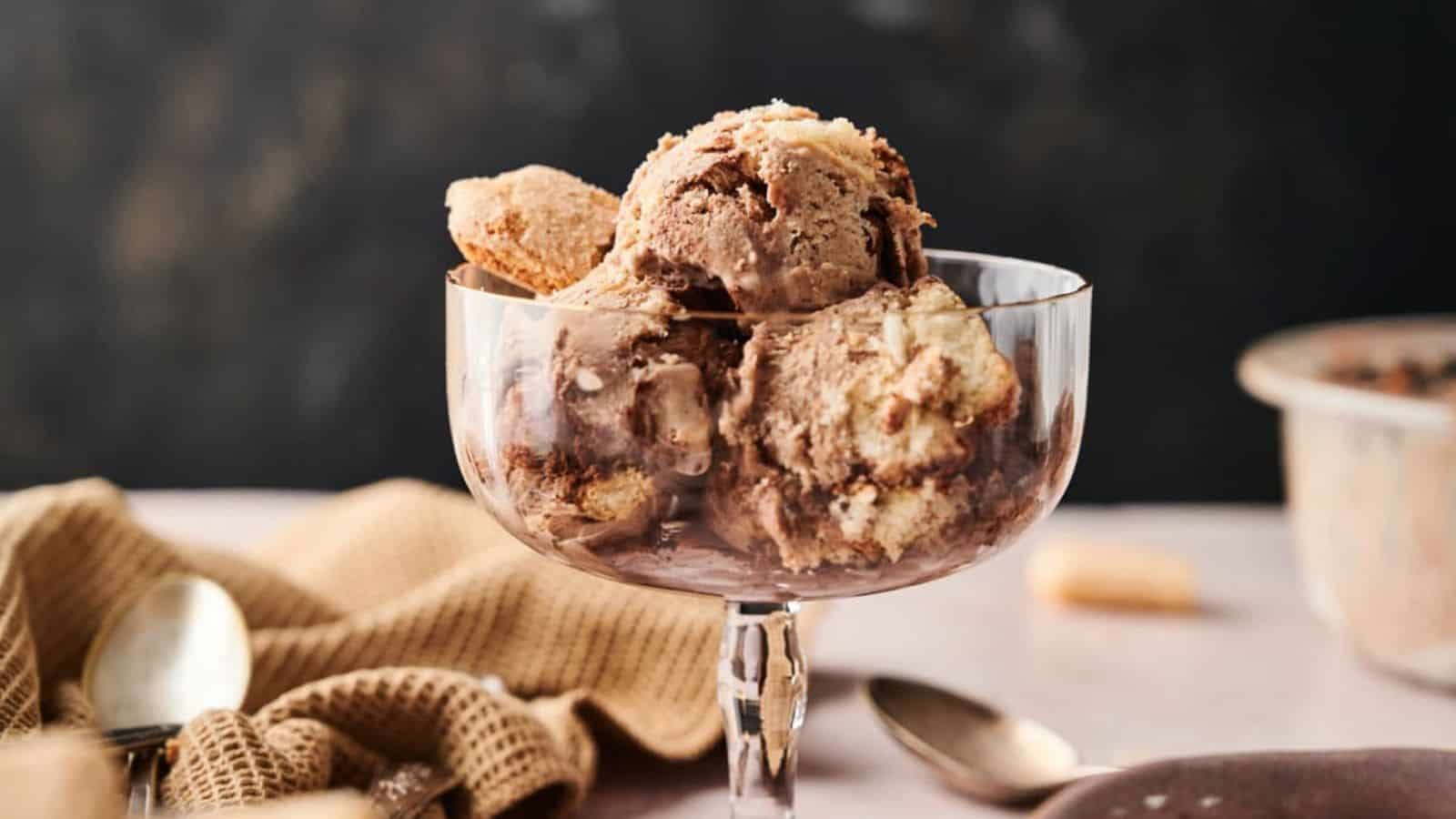 Scoops of Tiramisu Ice Cream on a glass.