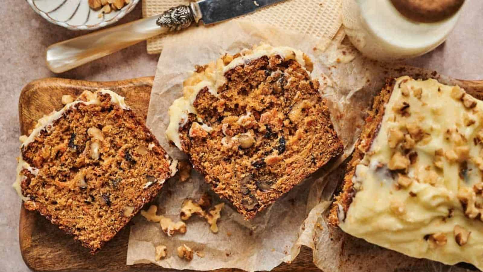 An overview of the Best Carrot Cake on a wooden board.