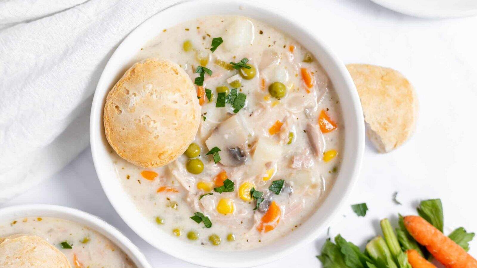 Top view of a bowl of Chicken Pot Pie Soup.