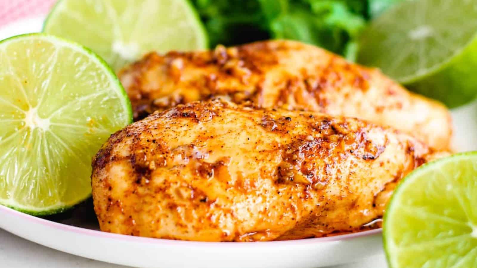Two Chili Lime Chickens on a plate with slices of lime.