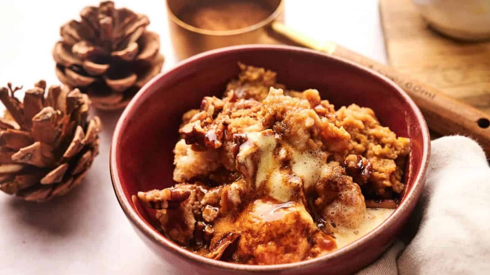 Pumpkin Dump Cake on a red bowl.
