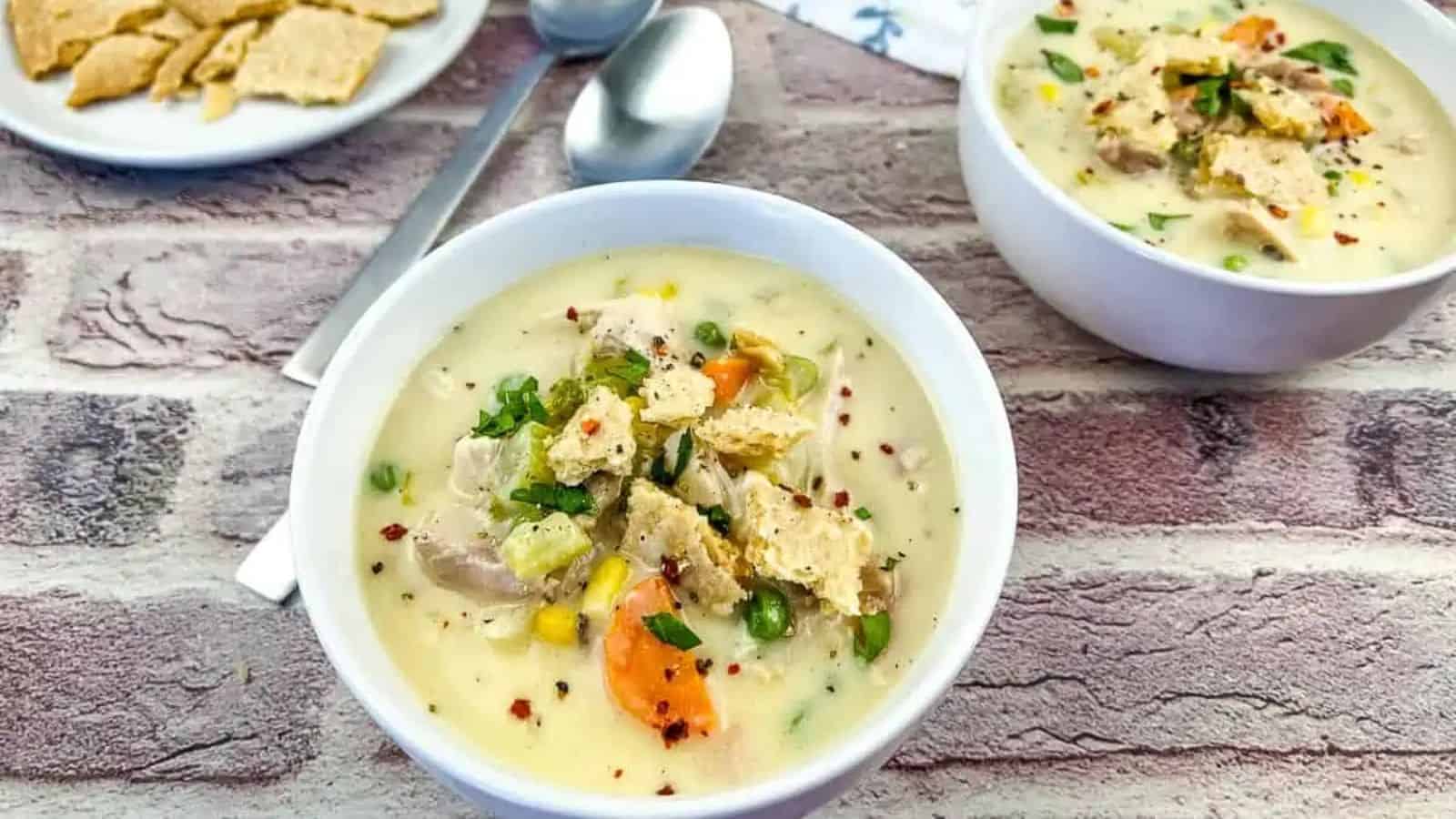 Two bowls of Turkey Pot Pie Soup.