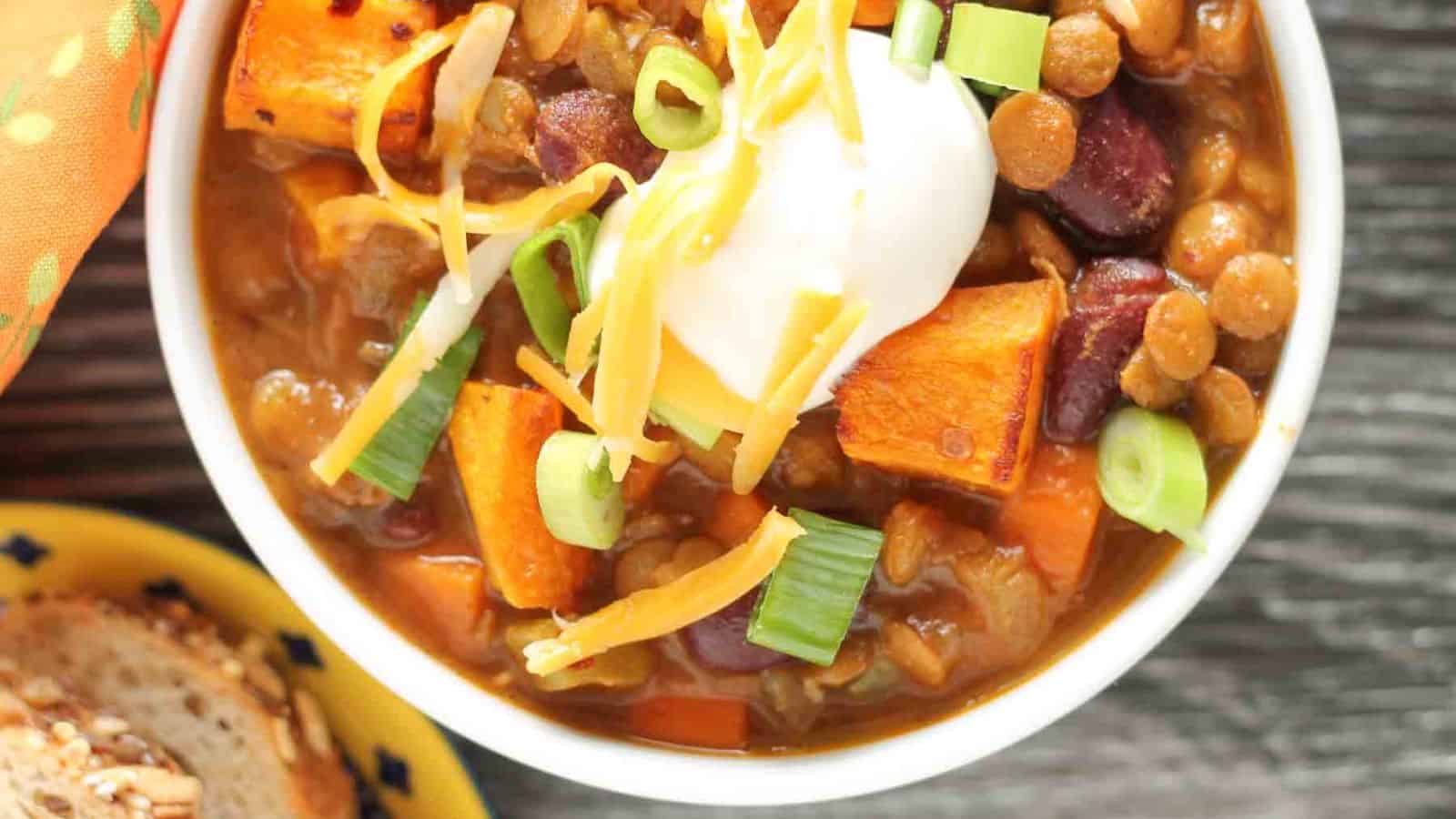 Top view of a bowl of Vegetarian Lentil Chili with Butternut Squash.