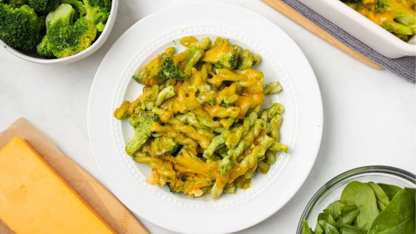An overhead image of green goddess pasta bake on a serving plate.
