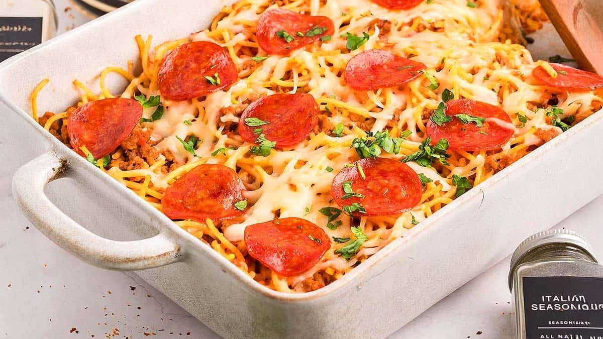 An image of Spaghetti Pizza casserole.