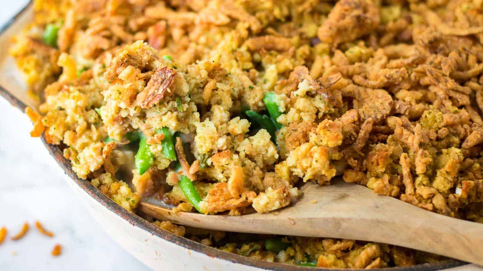Green Bean Stuffing Casserole scooped.