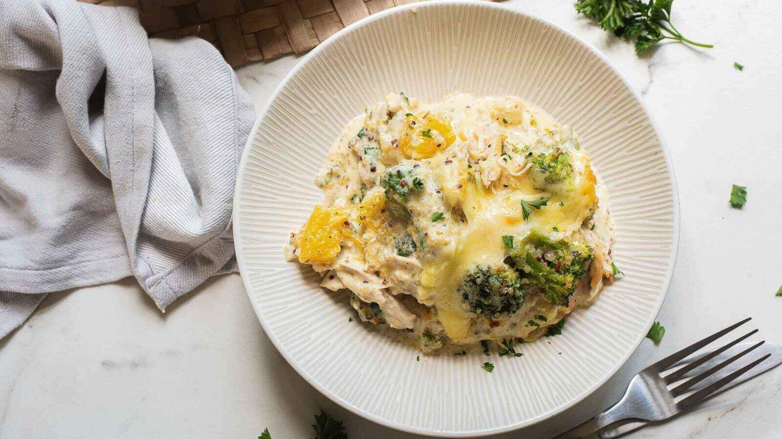 A plate of Healthy Quinoa Chicken Casserole with Broccoli and Pumpkin