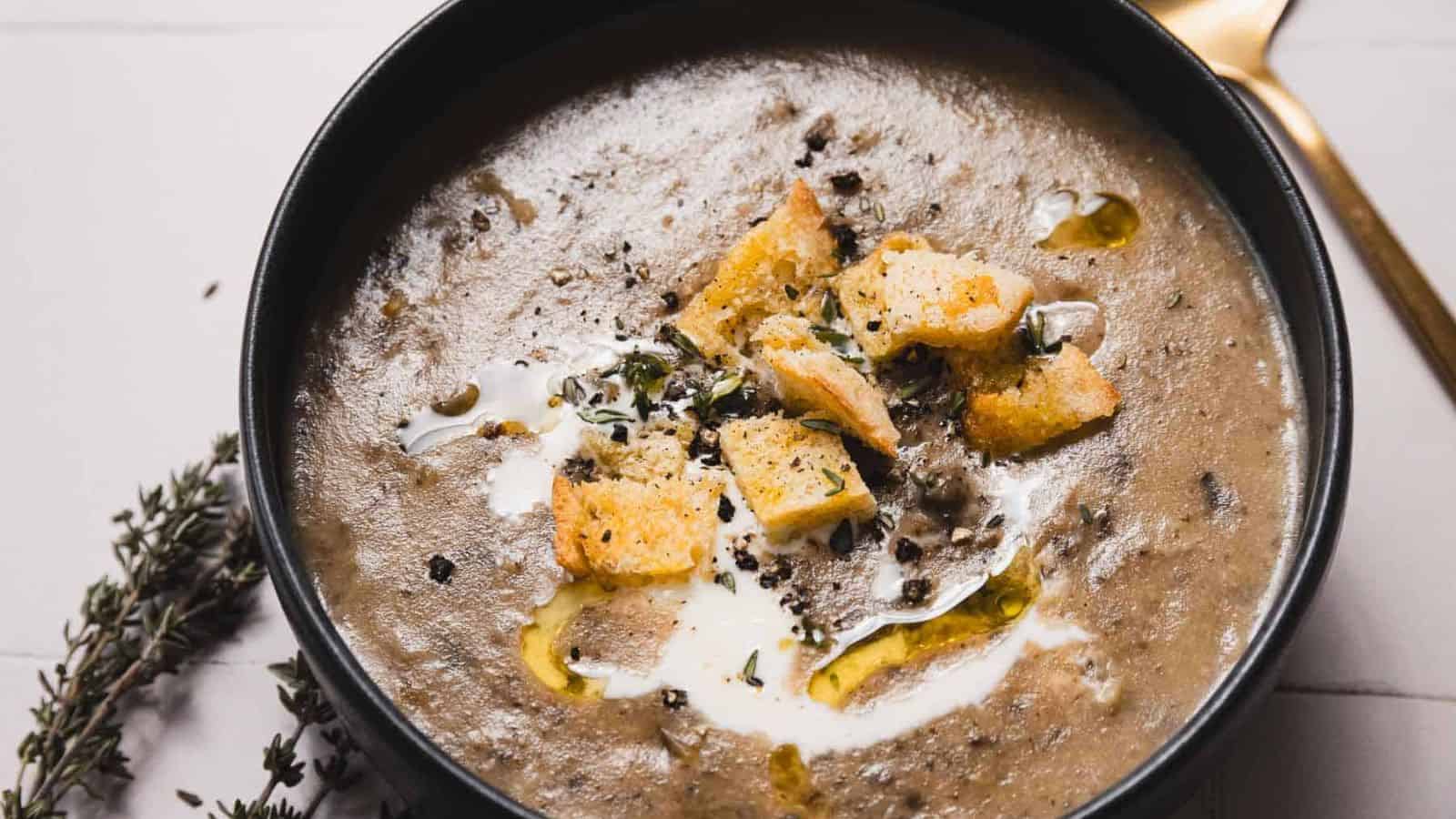 A close-up of a bowl of Instant Pot Creamy Mushroom Soup.