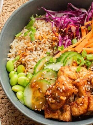 An overhead image of tofu bowl.