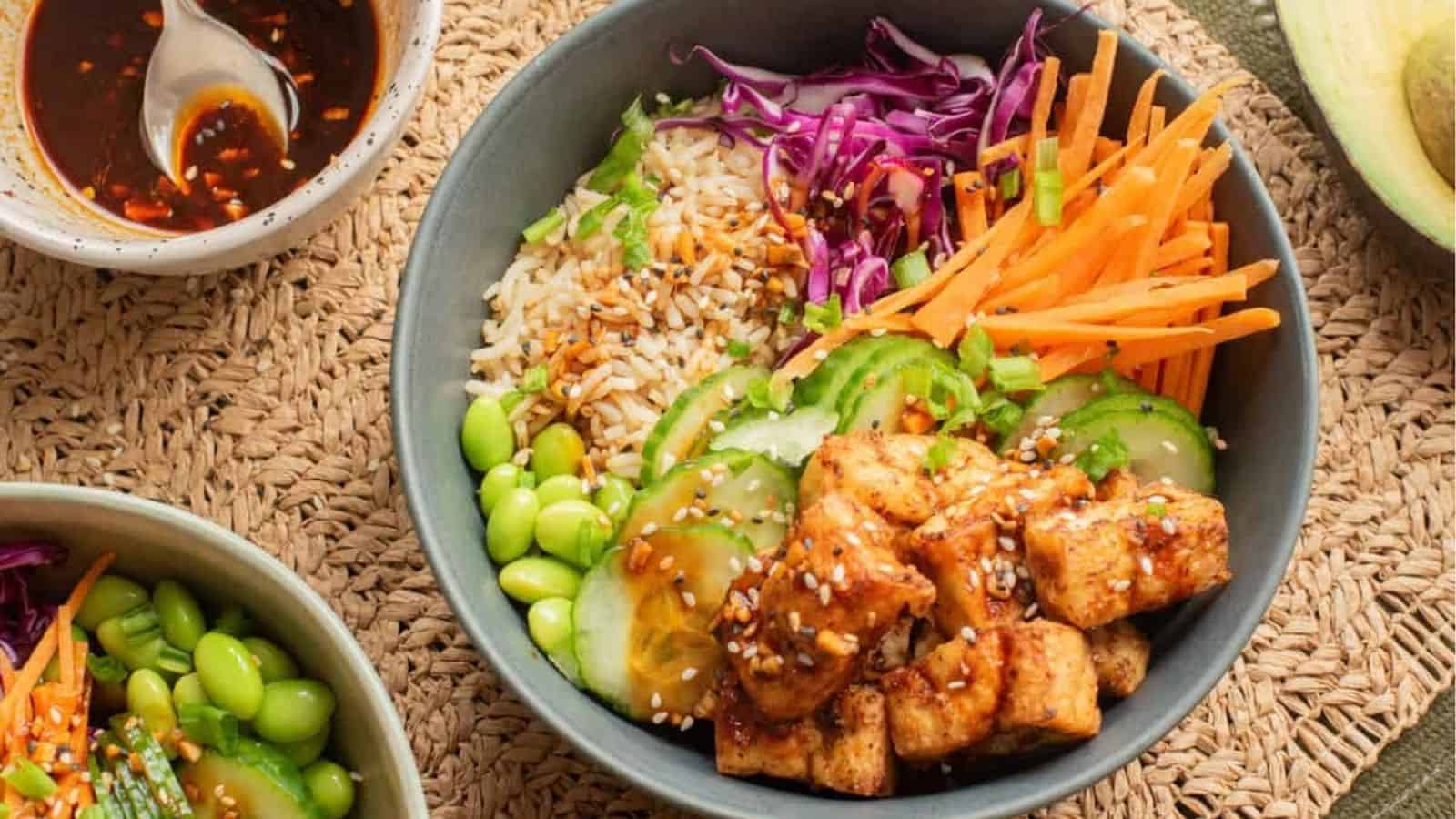 An overhead image of tofu bowl.