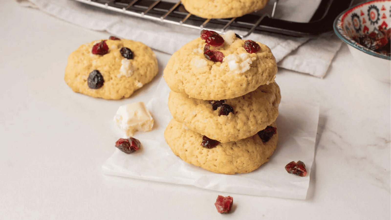 A close up image of three pieces of cookies stacked on top of each other.