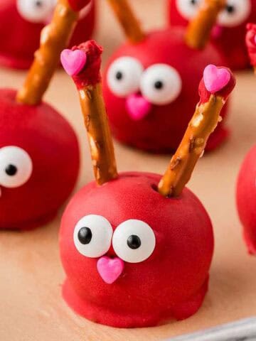 A close-up of Love Bug Cake Balls on a tray.