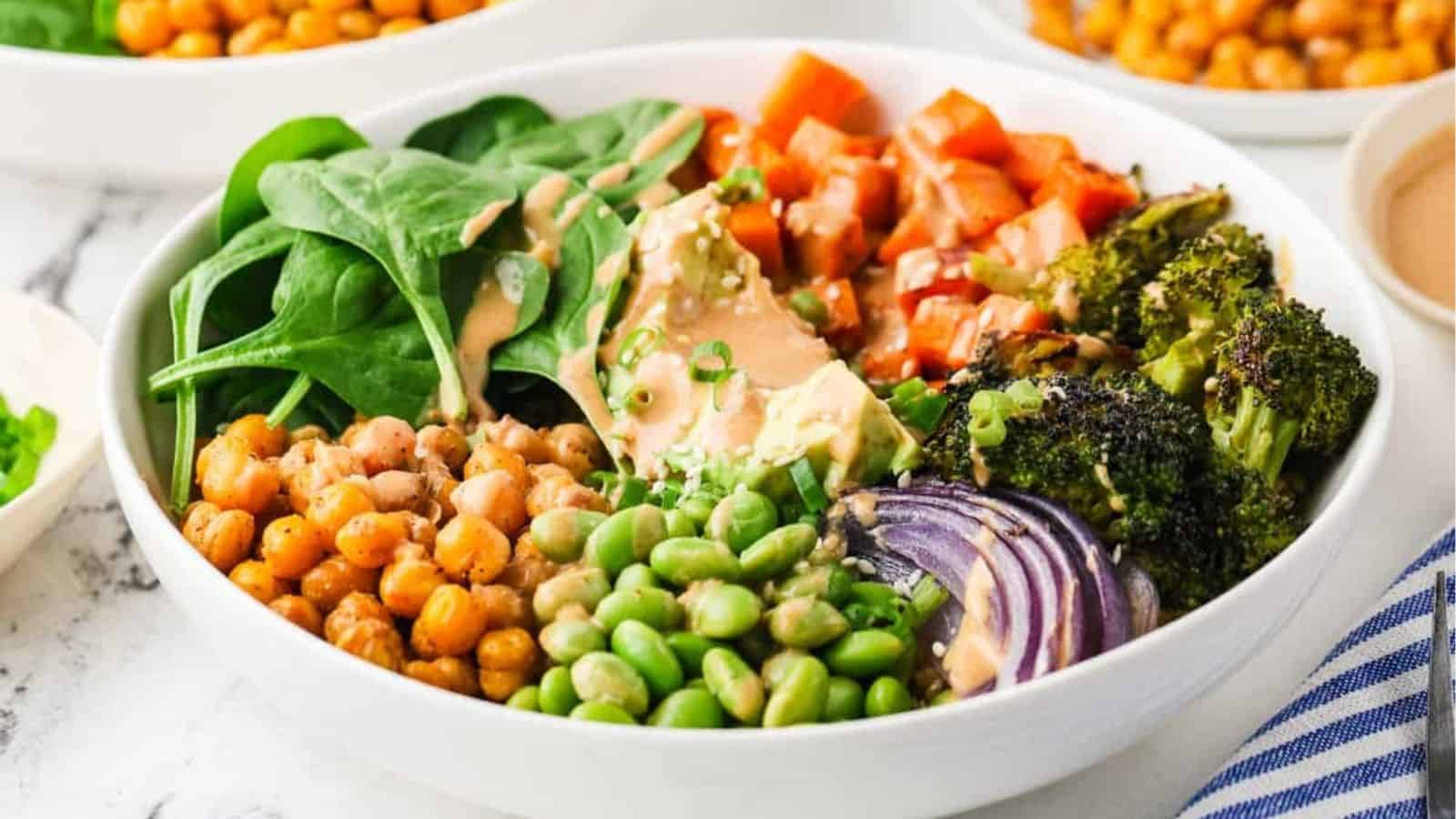 A close up image of chickpea buddha bowl in a bowl.
