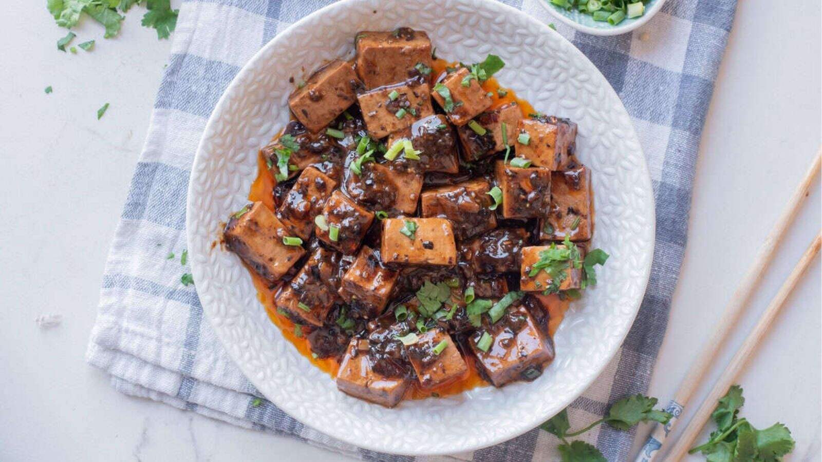 An overhead image of mapo tofu served in a bowl.
